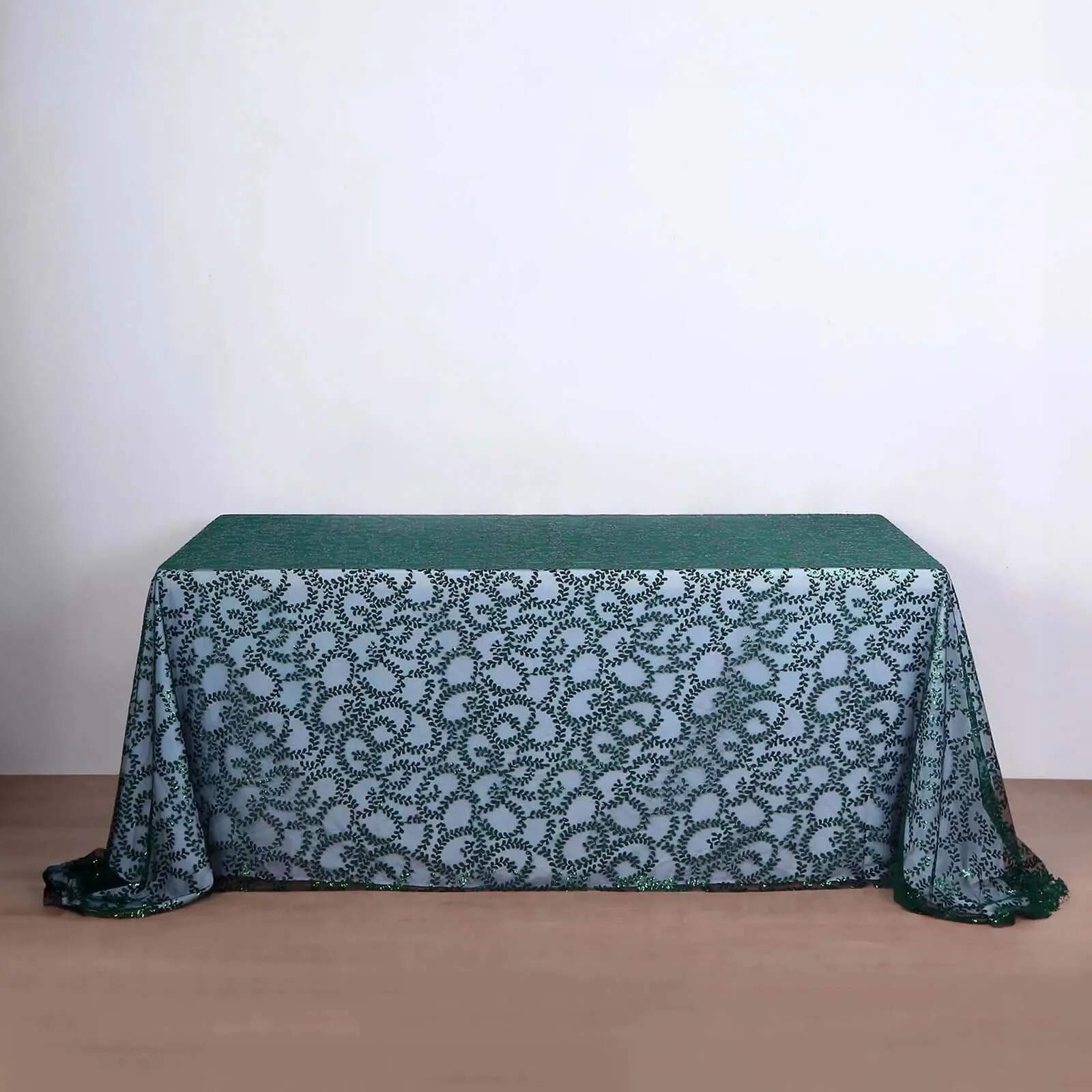 Hunter Emerald Green Embroidered Sequined Tulle Rectangle Tablecloth (90"x156") for Outdoor Patio, Wedding Outdoor Tables