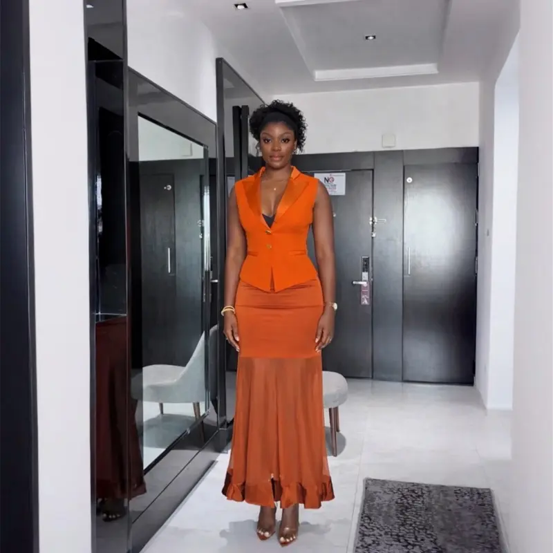 Women's 2-Piece Chic Sheer Feminine Top & Skirt Set - Sleeveless Peplum Date Night Top, Fitted Mermaid Skirt, Comfortable Elegant Fabric Formal Burnt Orange Outfit
