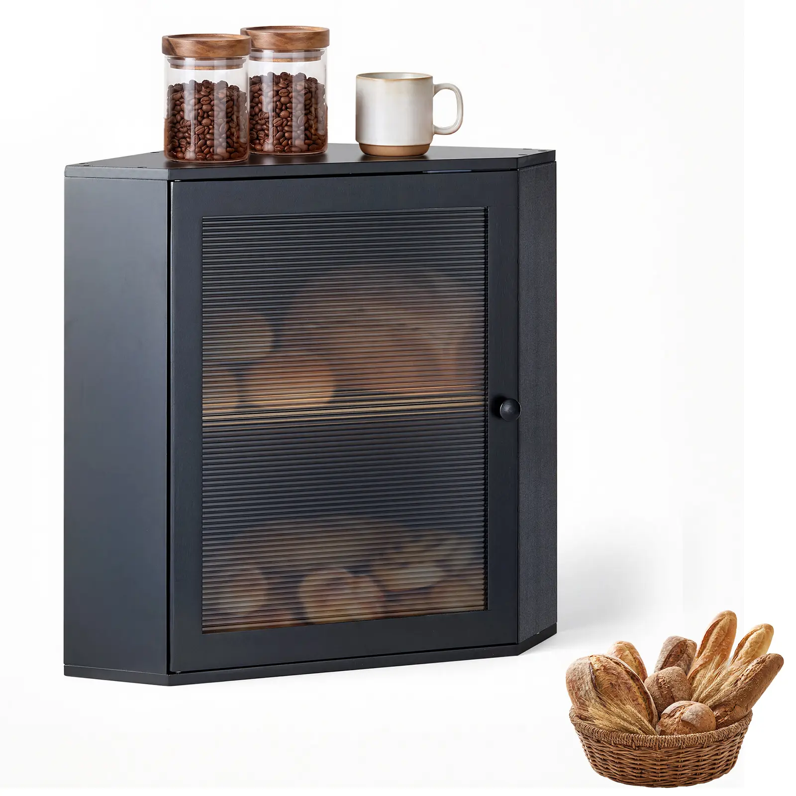 VEVOR Corner Bread Box for Kitchen Counter Bamboo Wood Container Black, for Homemade Bread, Under Cabinet, and Pantry, Double Layer Farmhouse Breadbox Bin, with Acrylic Door Panel and Air Vents