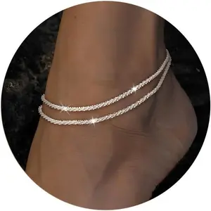 Sterling Silver Ankle Bracelets for Women - Waterproof Silver Anklets Trendy 925 Sterling Silver/14K Gold Plated Stackable Sparkling Link Chian Anklet Bracelet Set for Women Dainty Jewelry Gift