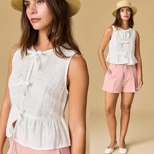 River Sleeveless Triple Bow Self-Tie Top | Women's Sleeveless Top | Trendy Summer Shirt | Lightweight + Trendy
