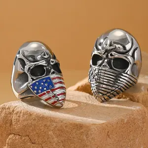 Men's Stainless Steel Stackable Rings - Grunge Geometric Hip Hop Punk Costume Jewelry, Drip Oil Finish, Flag/Mask/Skull Motifs, Sizes 7-15, Thanksgiving Fashion Accessory