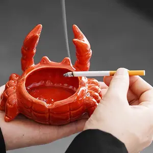 Cute Ceramic Crab Ashtray with Lid - Windproof Ash Tray for Indoor & Outdoor Patio Porch - Creative Desk Ornament for Office & Home Decor - Unique Adorable Birthday & Christmas Gift Idea for Smokers, Men & Women