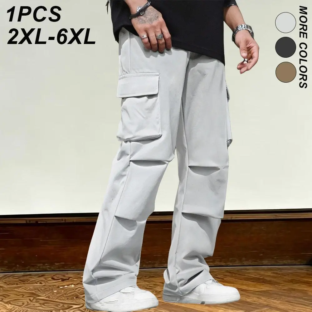 2XL–6XL Plus Size Men’s Loose Casual Wide-Leg Pants, Drapey Straight-Cut Design, Multi-Pocket Style, Adjustable Elastic Waist with Drawstring, Suitable for Home Lounging, Daily Commuting, Outdoor Activities, Available in Three Colors