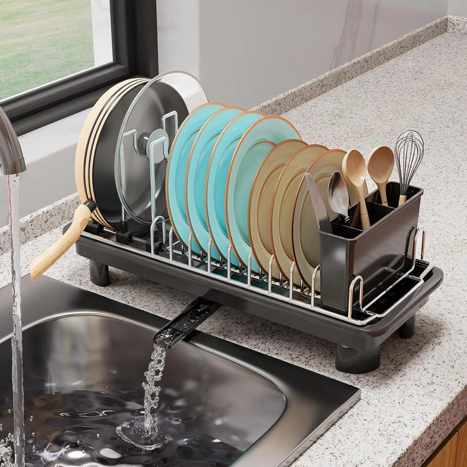 Compact Dish Drying Rack,Small Dish Rack for Kitchen Counter, Dish Drainer with 360? Rotatable Spout,Plate Rack, Dish Strainer with Cutlery Holder for Pots, Fork &  Space Saving