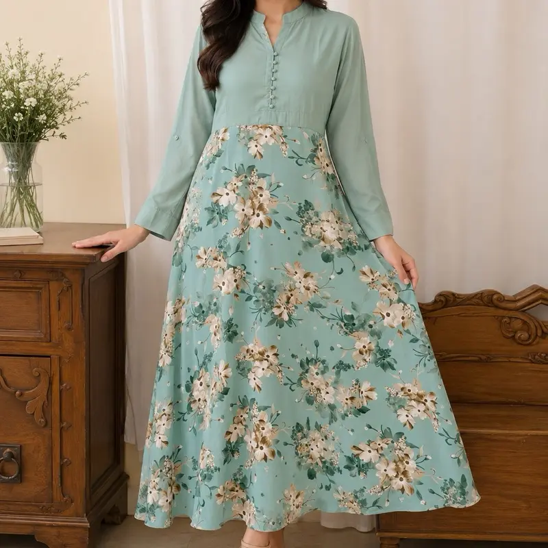 Women's Sage Green Modern Floral Empire Waist Long Sleeve Full-Length Maxi Dress - Elastic Back Waistband, Snug Fit, Modest Style, Cooler Evening Wear, Everyday Casual Wear, Comfortable Elegance, Cloth Casual Dresses, Daily, Elegant, Standard Sizes, Acces