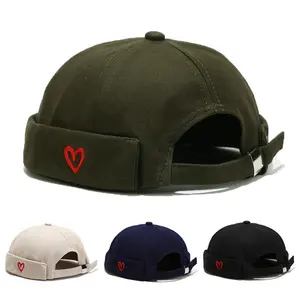 1pc Men's & Women's Docker Cap - Adjustable Brimless Beanie Hat with Rolled Cuff, Beige & Red Heart Logo, 80% /20%, Sailor Skull Cap for Casual, Nautical, or Valentine's Day (Unisex One Size Fits All)