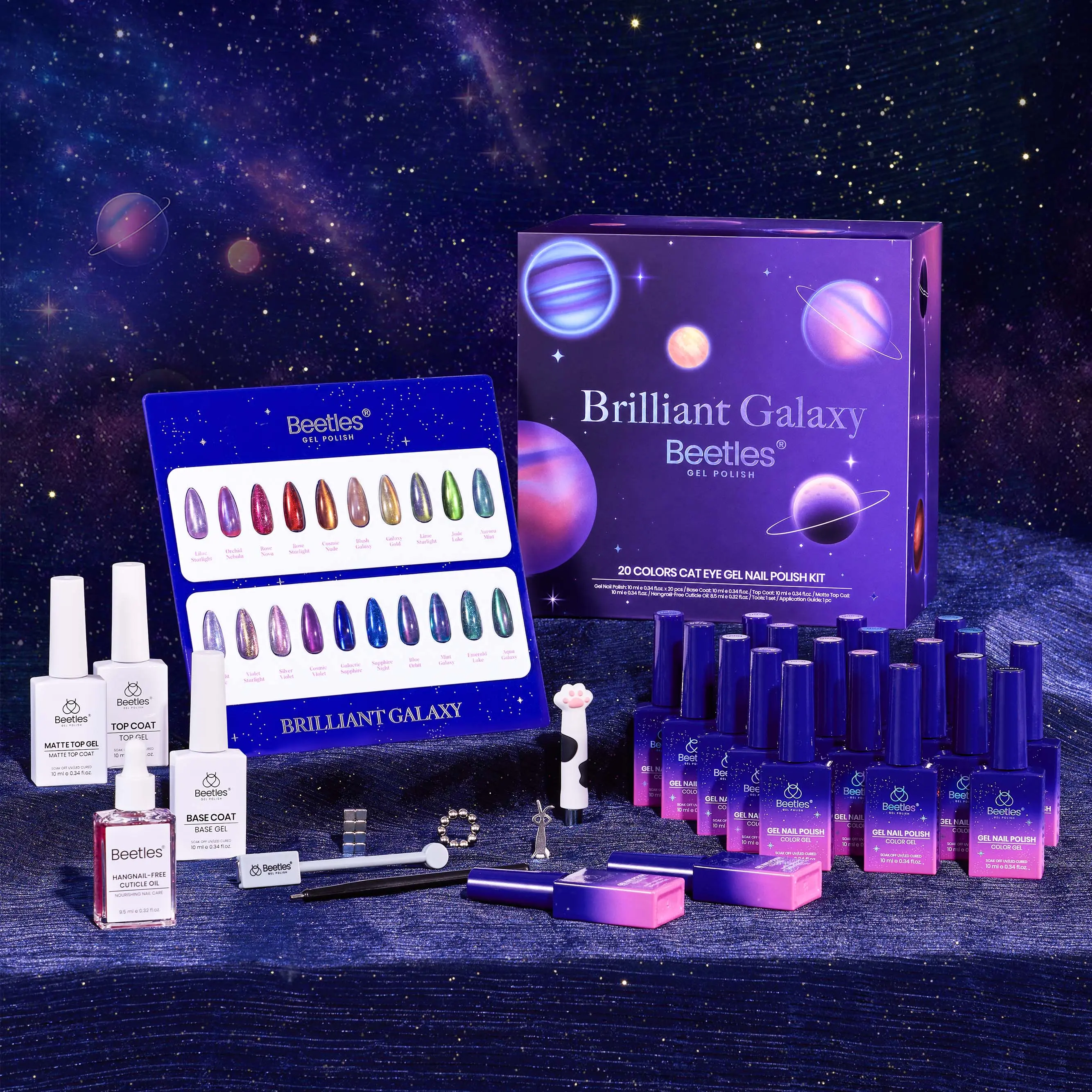 [Exclusive to TTS] Beetles Starry Sky Gel Nail Polish Set, 20 Colors 10ml Galaxy Magnetic Cat Eye Glitter Gel Polish Kit with Base Coat, Glossy & Matte Top Coat, 6 Magnet Tools, Nail Art Gift Set for Women Girls