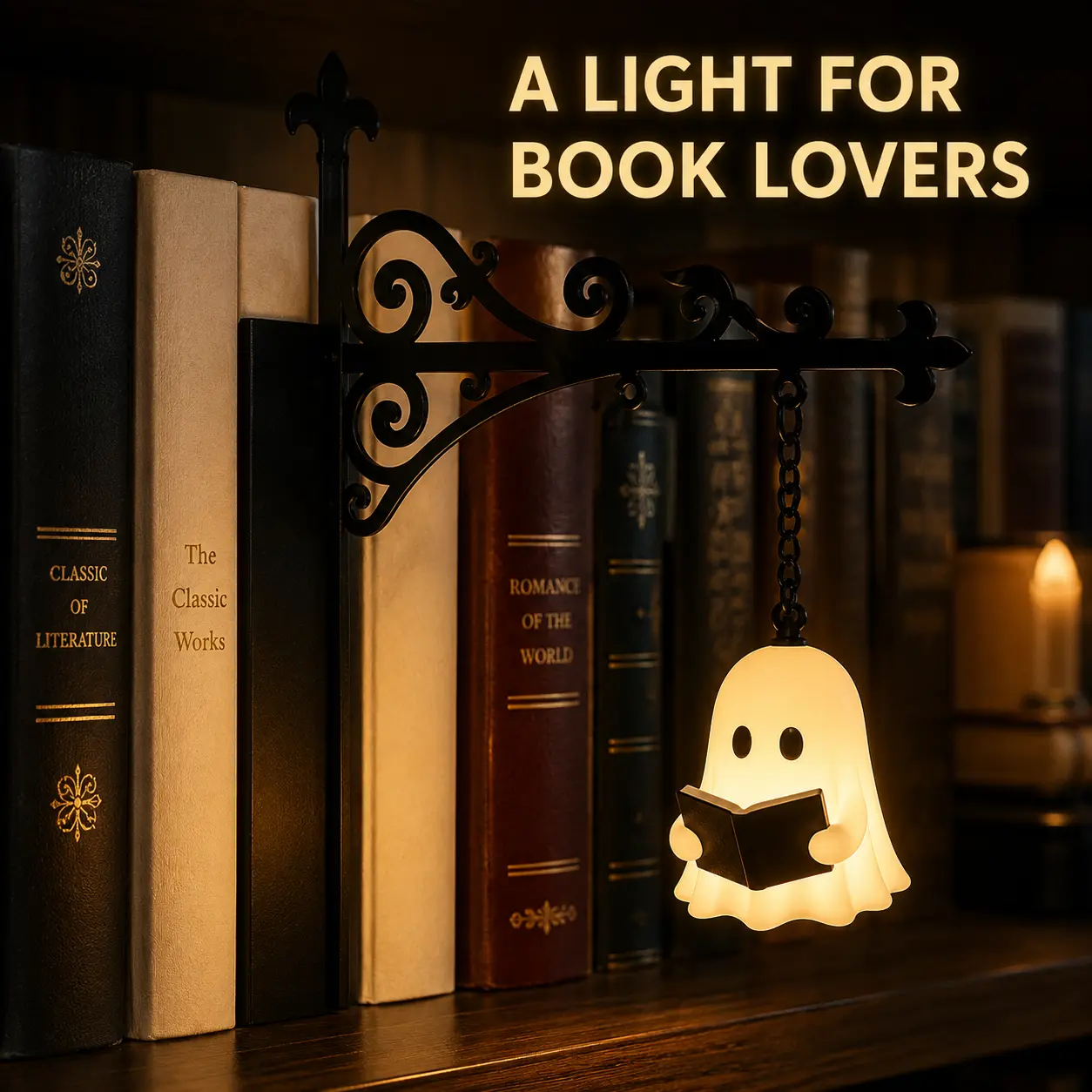 Halloween Bookshelf Lantern Light with Gothic Black Iron Stand, Spooky Ghost Pumpkin Witch Hanging Lamp, Indoor Leisure Decor for Library, Bedroom & Living Room