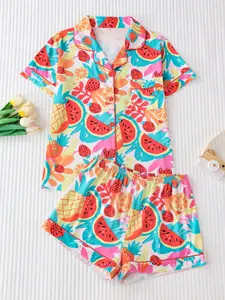 Two-Piece Summer Fruit Pattern Pajama Set for Women, Loose-Fit Cardigan Short Sleeve, Casual Above-The-Knee Blouse/shirt