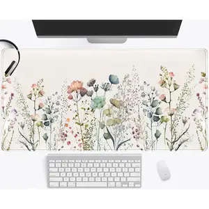 Floral Desk Mat Beige Boho Desk Pad, Large Extend Mouse Pad XXL, Cute Minimalist Flowers Keyboard Mat, Esthetics Desktop Mat Laptop Wireless Mouse Mat for Desk, Gift for Women 24"x14"