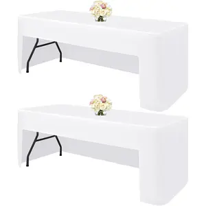 2 Pack White Fitted Tablecloth, Open Back Fitted Table Cloths for 6 Foot Rectangle Tables, Washable Polyester Fabric Table Cover for Party,Wedding, Banquet, Craft Show and Trade Show(72" x 30")