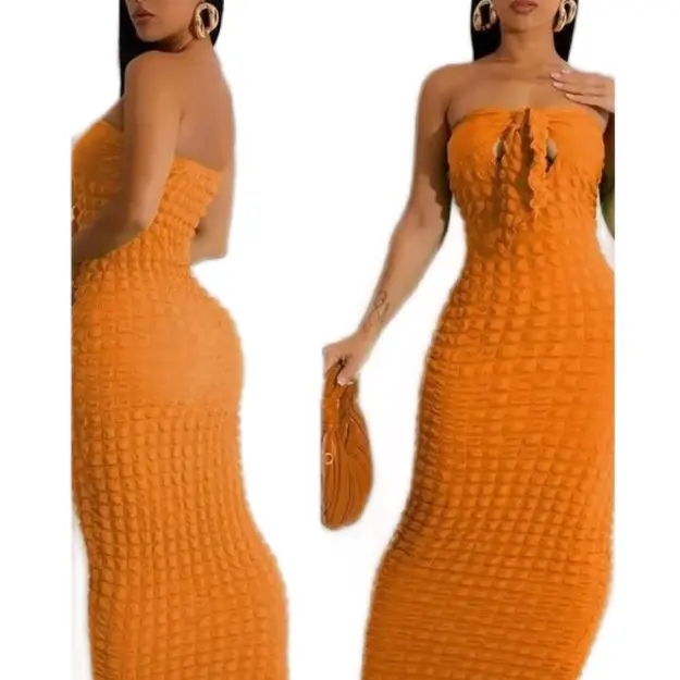 Bandeau Tied Detail Bubble Textured Maxi Dress