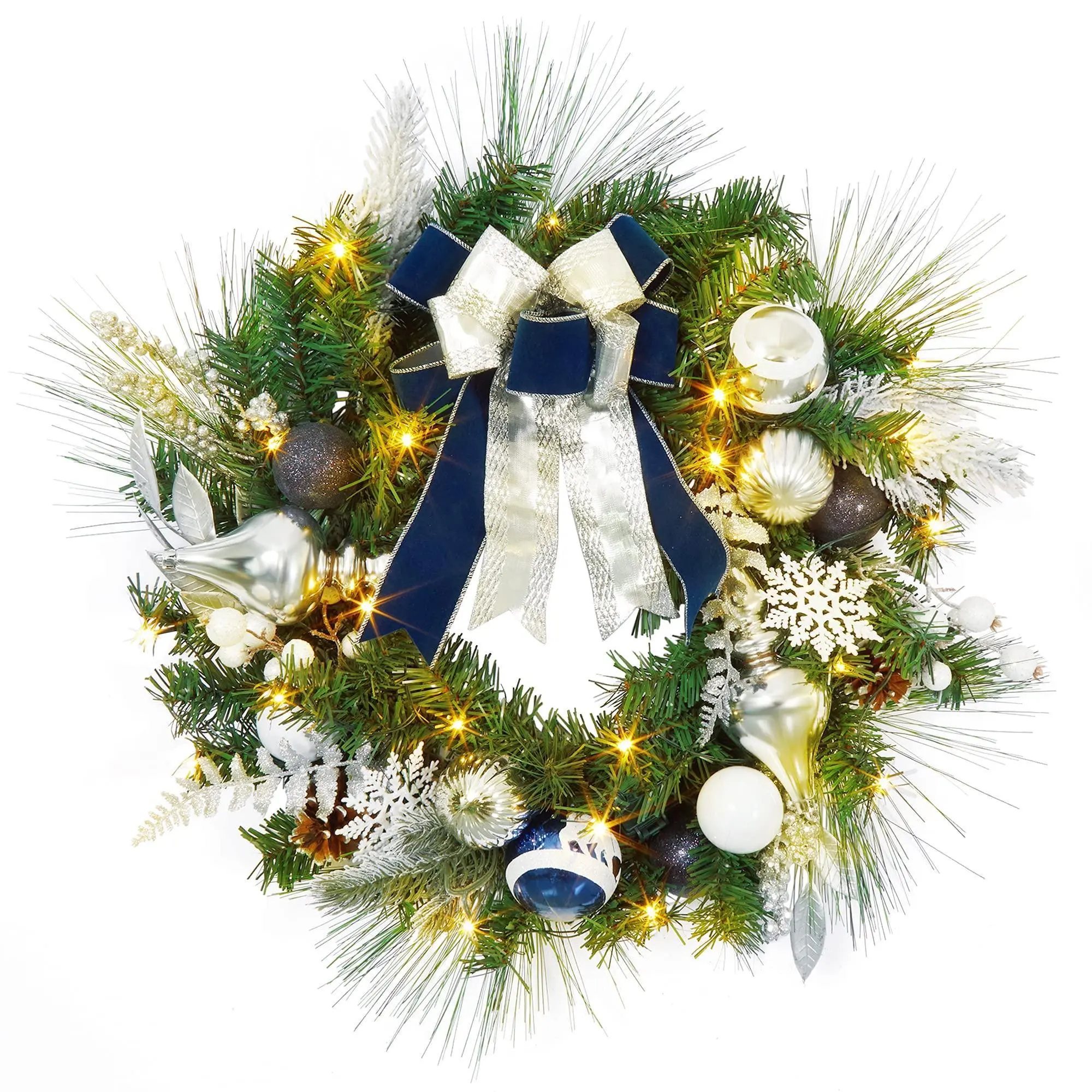 24" Pre-Lit Christmas Wreath with 20 Lights - Blue & Silver Wreath with Ornaments, Pine Cones, Berries, Bows & Snowflakes for Indoor/Outdoor Decor