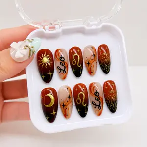 Custom Leo Zodiac Press on Nails, Hand Painted Star Sign Nail Art, Celestial Fire Sign Press Ons, Astrology Inspired Nail Set, Gold Leo Symbol Press on Nails