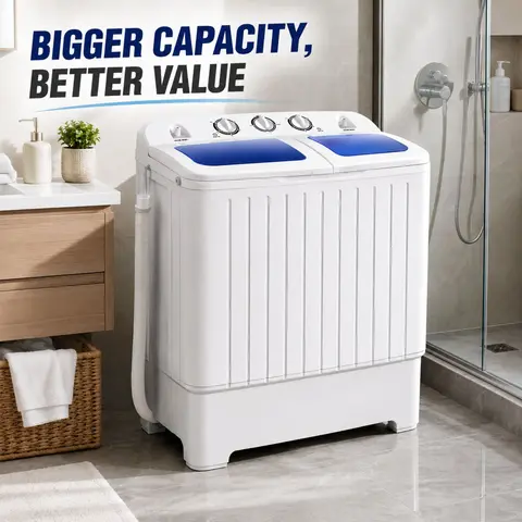 COSTWAY 26/20lbs Portable Washing Machine, Twin Tub Washing Machine w/Drain Pump, Semi Automatic Compact Washer & Sipnner, Portable Washer Dryer Combo for Apartments Dorms RV Camping,4th of july decor, dad gift