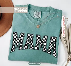 Comfort Colors Checkered Mama Shirt Retro Mother's Day T-Shirt Trendy Mama Graphic Tee Vintage Mom Life Gift for Her Minimalist Checkerboard Top Oversized Sunday Shirt 2026 Bloom Tee Support Motherhood Era Art