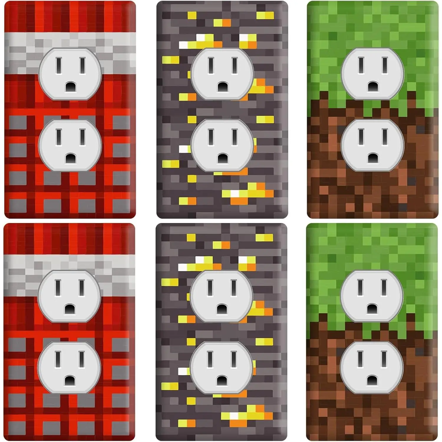 Pixel Game Light Switch and Outlet Cover Stickers, 6 Pack for Kids Room, Retro 8-Bit Gaming Wall Decals for 1-Gang Plates (4.5 x 2.76 in), Tiles Sticker