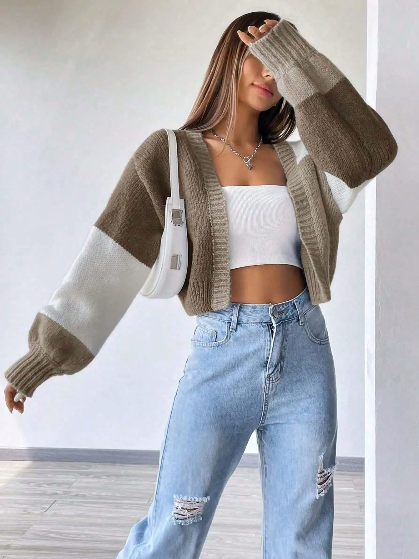 Candle Women's Brown Lightweight Open Front Knit Cardigan Casual Cozy Short Style Summer Spring Autumn Outerwear Date Night Vacation