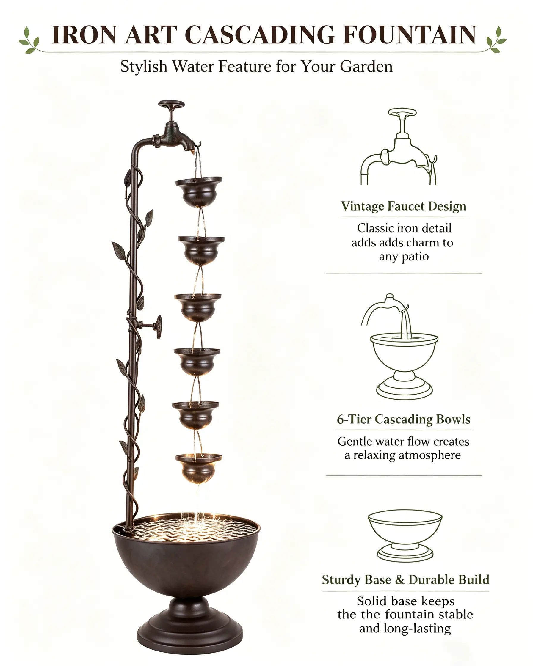 Vintage Iron Garden Fountain, Outdoor Elegant Cascading Water Feature with Soothing Flow, Perfect Backyard Patio Decor for Home Garden Enthusiasts