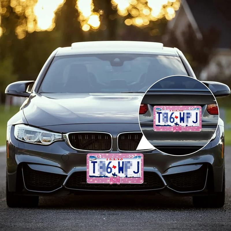 2 Pack Bling License Plate Frame，Handcrafted Bling Rhinestone Premium Stainless Steel License Plate Frame，14 Facets Clear Color Rhinestone Crystal (Pink&Pink-Bow)