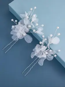 Elegant Net Flower Pearl Bridal Hair Pin Set, Boho Wedding Accessories, U-Shaped Hair Clip for Prom Evening Party Maid of Honor Look