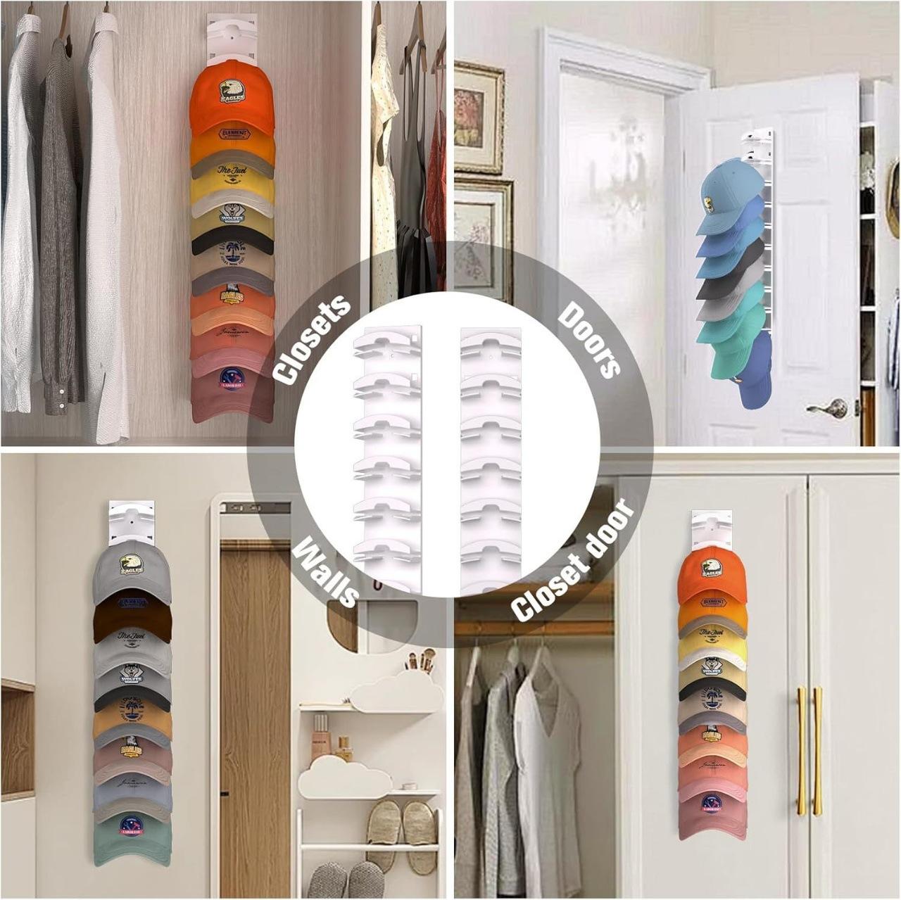 20-piece baseball cap storage rack, with two installation methods - adhesive or nail attachment. The stackable display rack is convenient for storage and can hold 20 hats.
