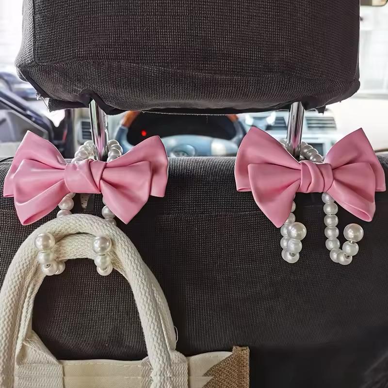 2PCS Car Headrest Hook, Pink Bow Pearl Seat Back Hanger, Universal Auto Organizer for Purse Bag Coat, Car Interior Accessories