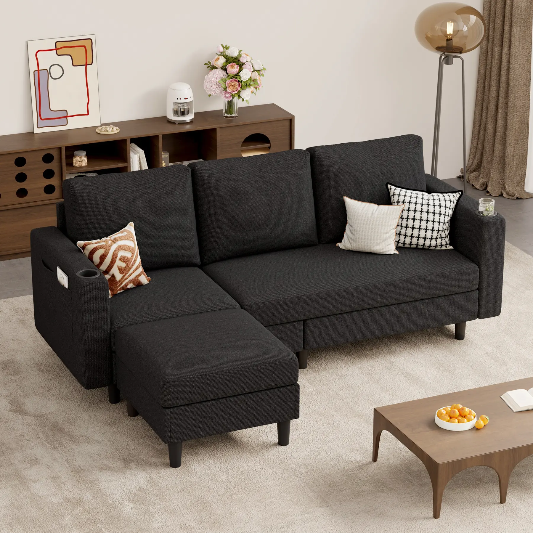 Modular L-Shaped Reversible Sectional Sofa Set - 78'' 3-Seat Asymmetrical Comfy Couch, Washable Linen Fabric Beige Pet-Friendly Convertible Modern Sofas Couches, 1-Box Delivery Space-Saving DIY Indoor Furniture for Living Room Small Room Ideas, Dorm Room