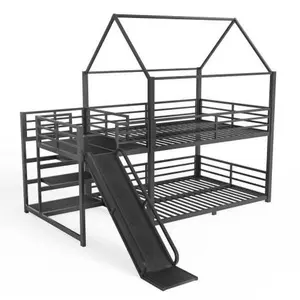 Bellemave  Metal House Bunk Bed with Storage Stairs, Slide, Safety Rails, Black