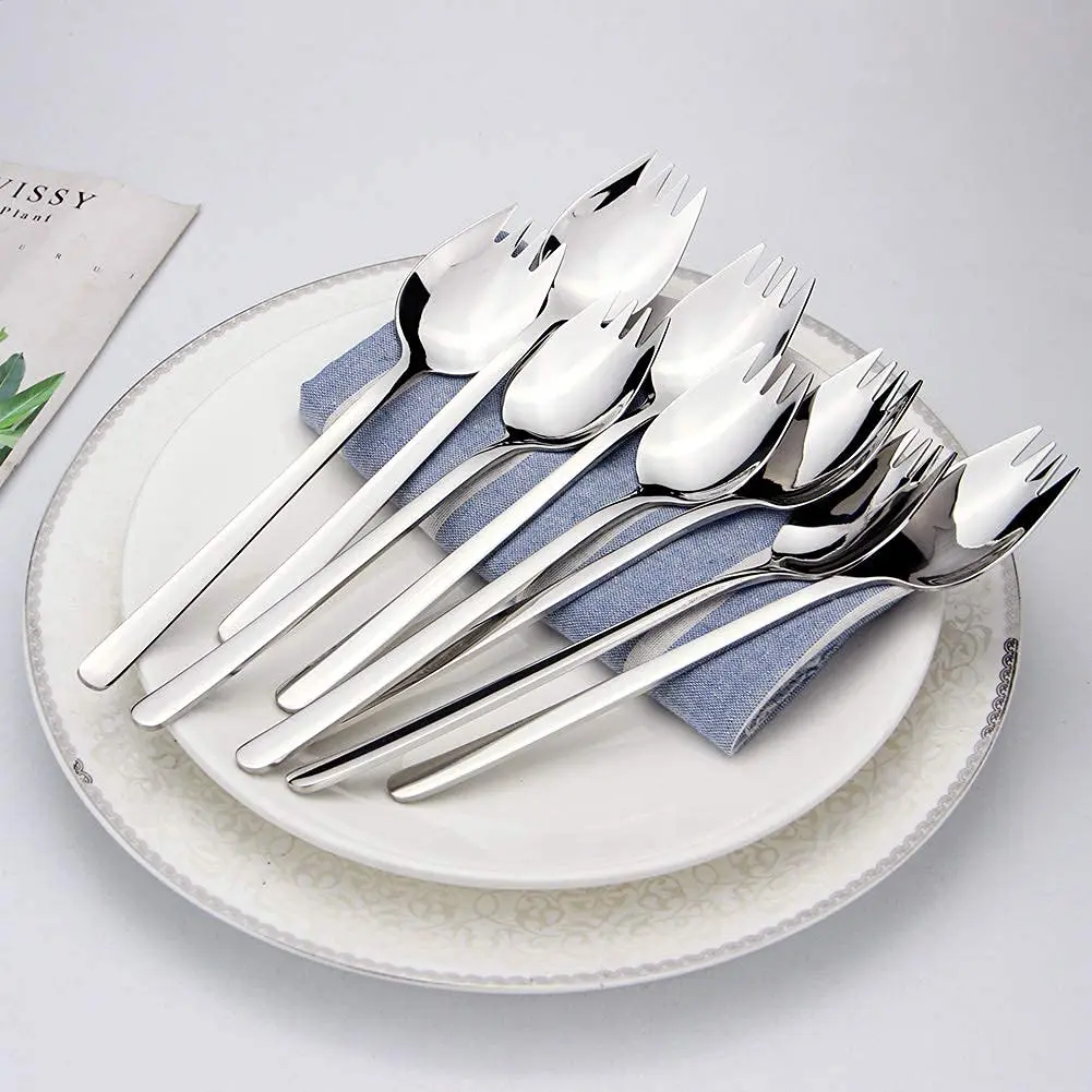 Silver (8pcs) 18/10 Stainless Steel Unisex Adult Spork Set - 7.4 in Long Handle Reusable Spoon-Fork Cutlery, Heavy-Duty Stylish Tableware for Disabled Users, Dishwasher Safe Home/Party Gift Supply, Casual