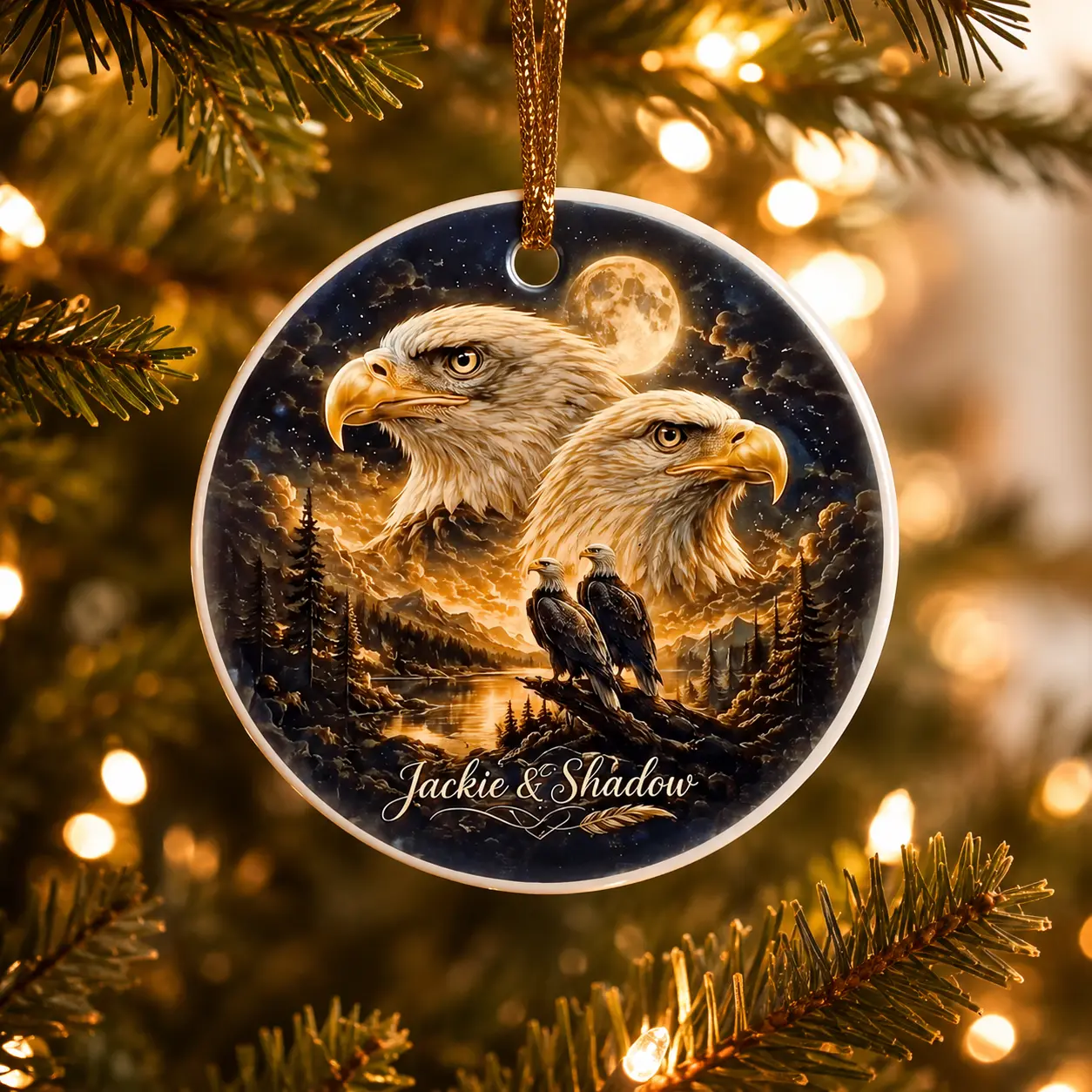 Jackie & Shadow Ceramic Christmas Ornament, Bald Eagle Tribute Keepsake, Jackie Memorial Eagle Holiday Tree Decoration
