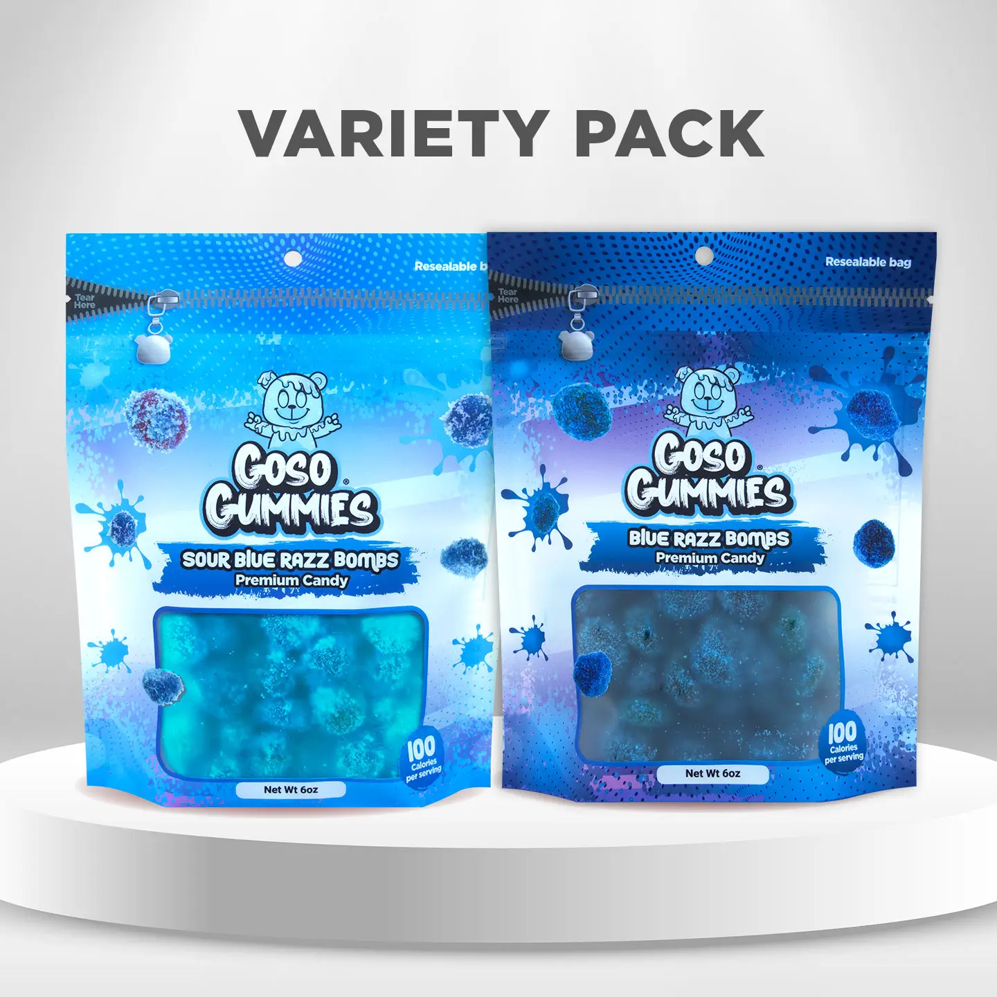 Goso Gummies Sour Blue Razz Bombs 6oz + Sweet Blue Razz Bombs 6oz - 12oz Duo Pack - Gushers Candy