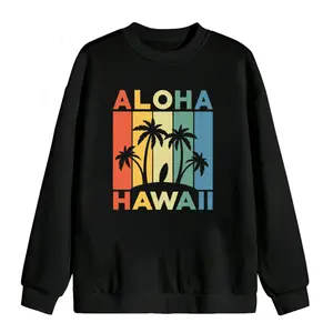 Casual Aloha Hawaii Sweatshirt with Palm Beach Surfboard Print, Long Sleeve Comfort