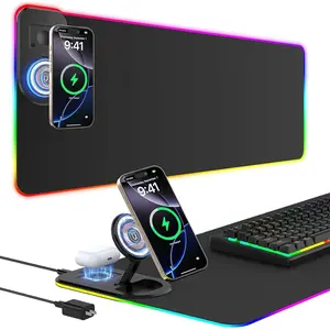 RGB Gaming Mouse Pad with Wireless Charging for Phone & iWatch, 20W PD Adapter Included, 800x300x4MM LED Mouse Mat with 14 Light Modes, Non-Slip Rubber Base, Computer Keyboard Mat for Gaming Setup
