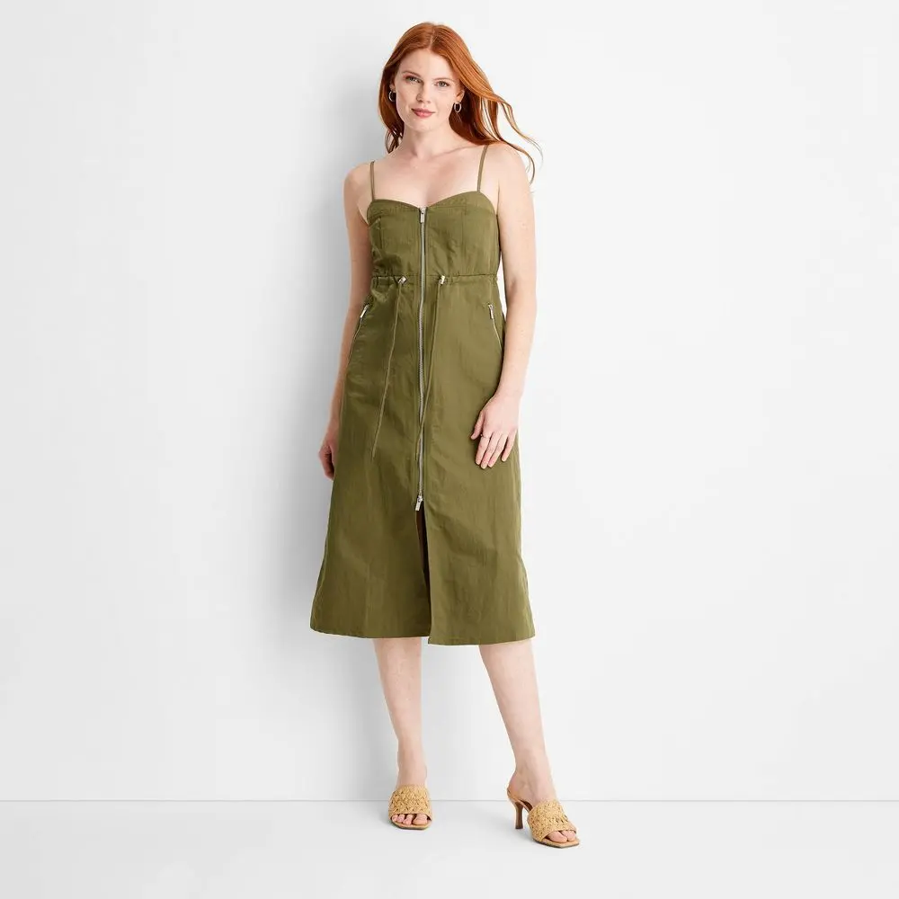 Women's Nylon Zip-Front Midi Dress - Future Collective Olive Green S