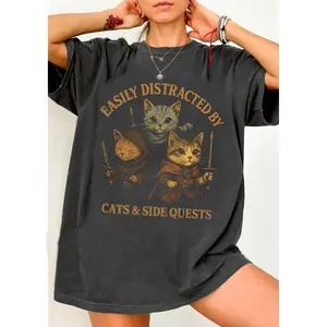 Easily Distracted by Cats and Side Quests T-Shirt, D&D Fan Shirt, Dragons Graphic Tee, Dunge0n Master Tee, Dad Gifts