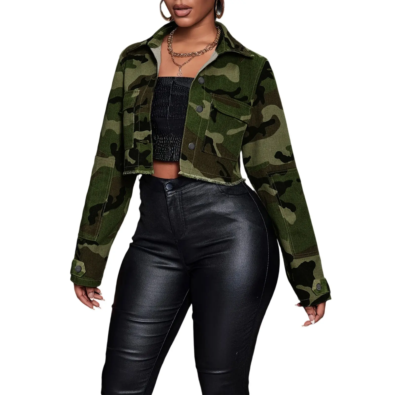 Plus size Womens Crop Top Jean Jacket, Long Sleeve Button Down Cropped Denim Jacket Coat,  Lightweight Casual Camo Jacket with Pocket, Cargo Jacket