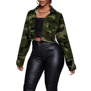 Plus size Womens Crop Top Jean Jacket, Long Sleeve Button Down Cropped Denim Jacket Coat,  Lightweight Casual Camo Jacket with Pocket, Cargo Jacket