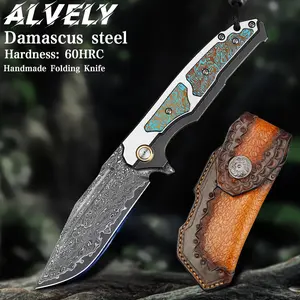 ALVELY Men's EDC Folding Knife, Damascus Steel Pocket Knife, 3.5 Inch Blade Sharp and Highly Hardened, Comes with Cowhide Sheath and Pocket Clip, Liner Lock 420Z2 Stainless Steel Handle, Multi-Purpose Knife for Camping, Gift for Men