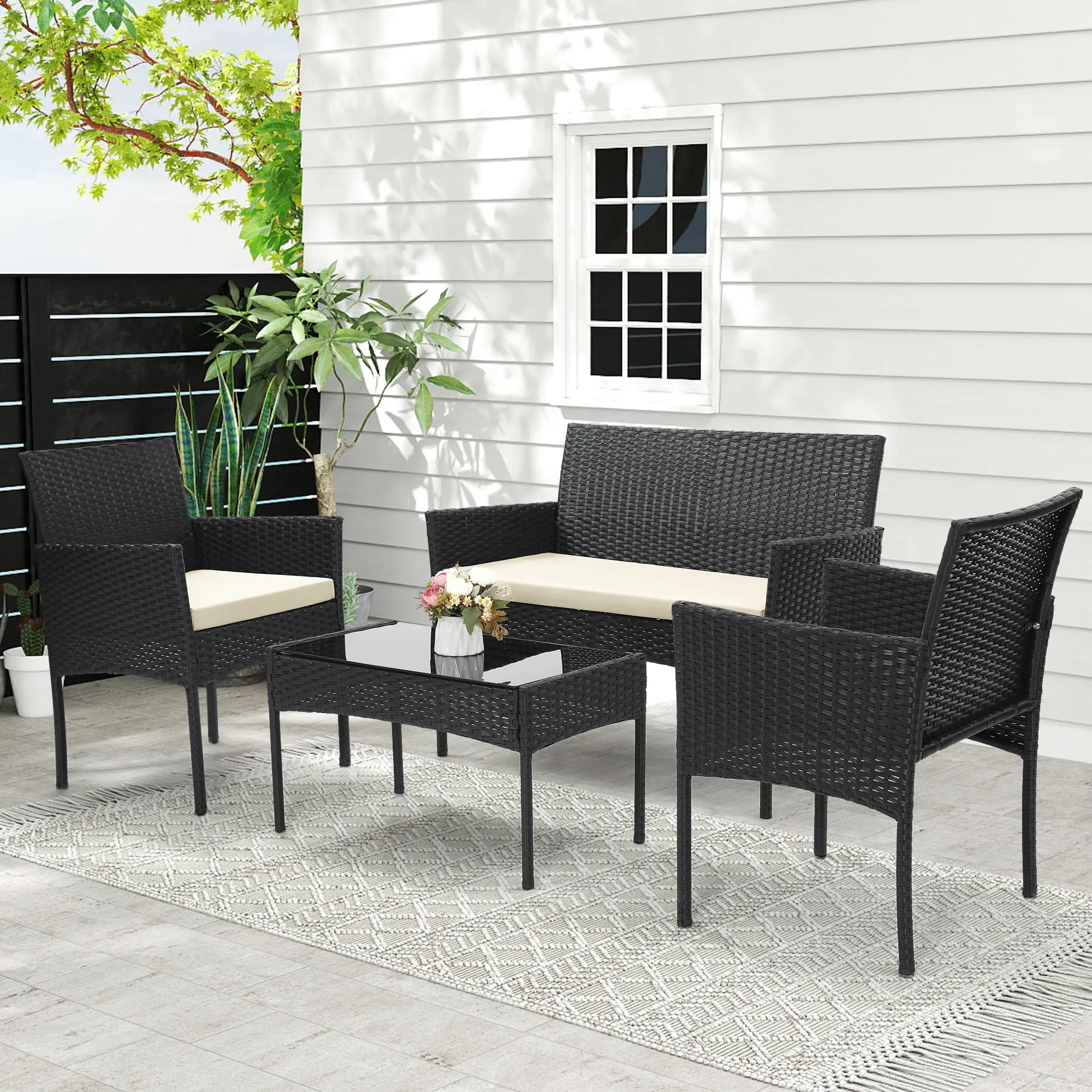 4 Piece Patio Wicker Furniture Set, OutdoorRattan Conversation Set with Tempered GlassTop Table, 2 Chairs, and Loveseat, Ideal forPorch and Balcony, Clearance Deal tiktokshopspringglowup summerwins