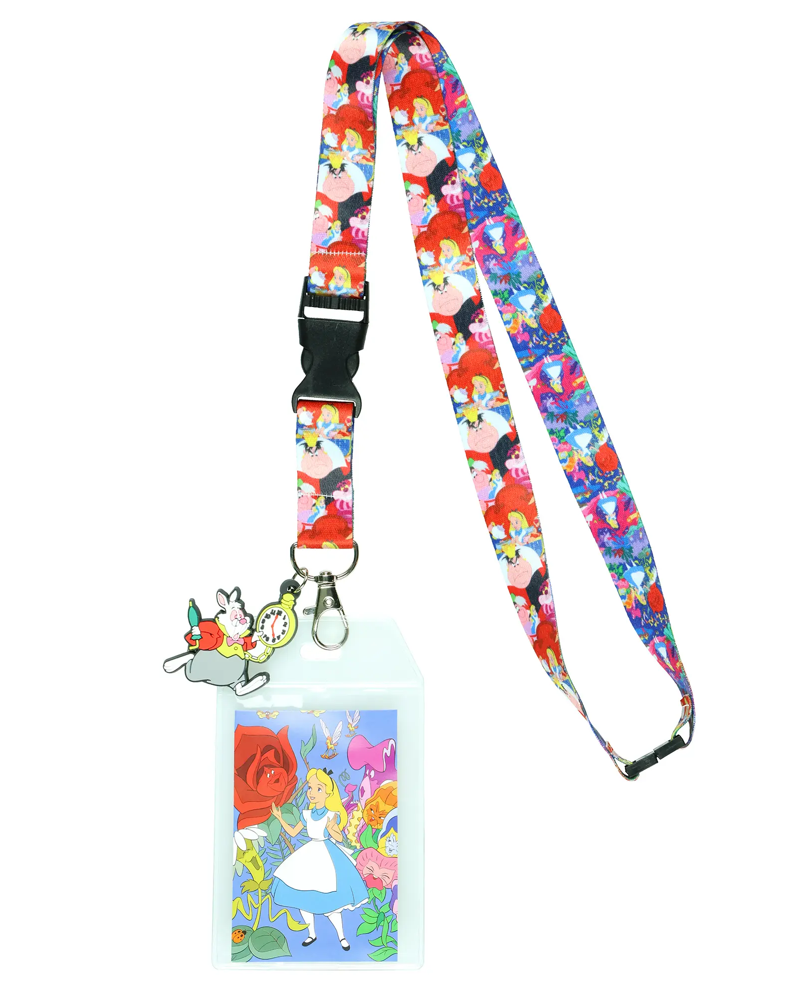 Disney Alice in Wonderland Whimsical Nylon Breakaway Lanyard ID Card Holder with 2" Rubber Charm, Badge Accessories for Adults