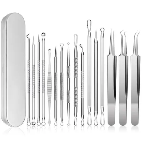 16 PCS 410 Series Rust-Resistant Stainless Steel Pimple Popper Tool Kit with Metal Box - Pimple Tweezers, Facial Care Tools for Nose Blackhead Removal & Blemish Extraction
