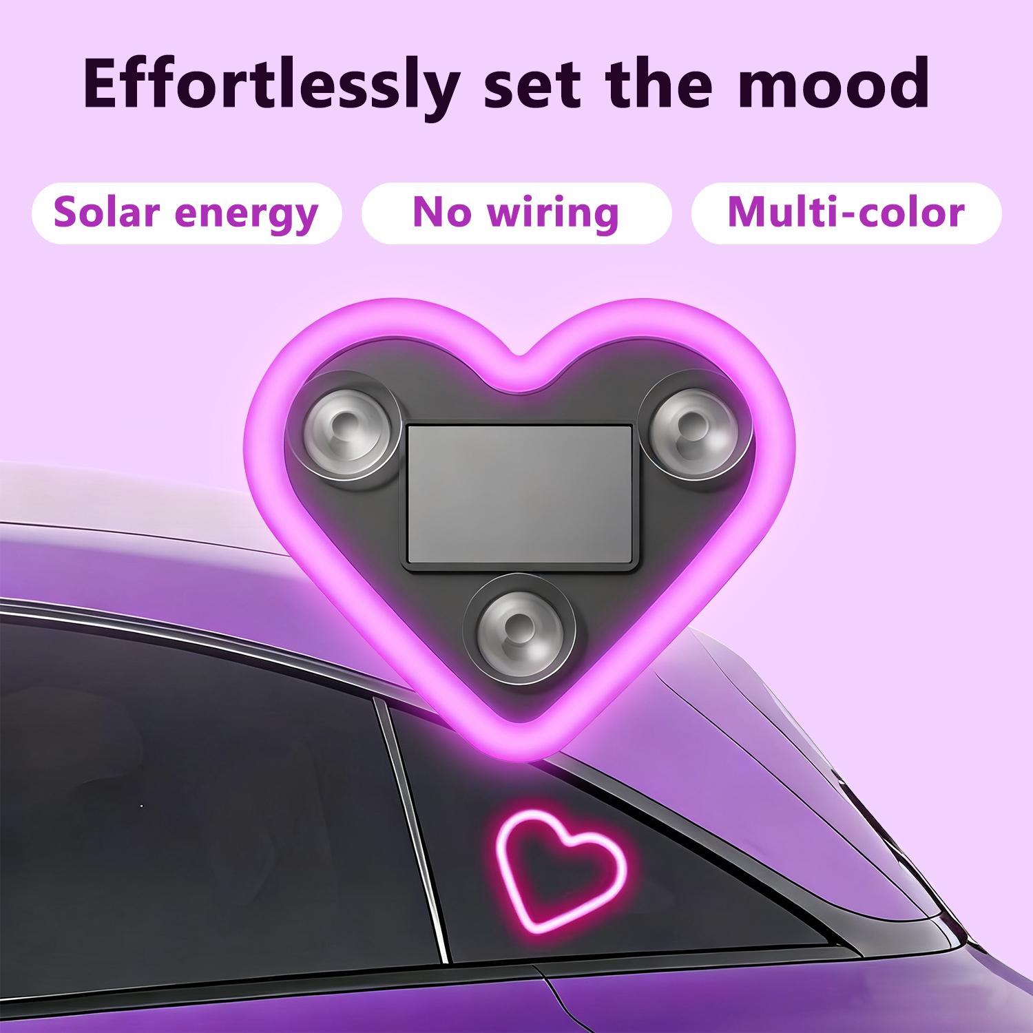 Solar-Powered Heart-Shaped LED Neon Light, Wireless Car Ambient Light with 3 Modes, IP65 Waterproof Romantic Atmosphere Lamp for Car Interior, Outdoor Decor, Couples Gift, Easy Install No Wiring