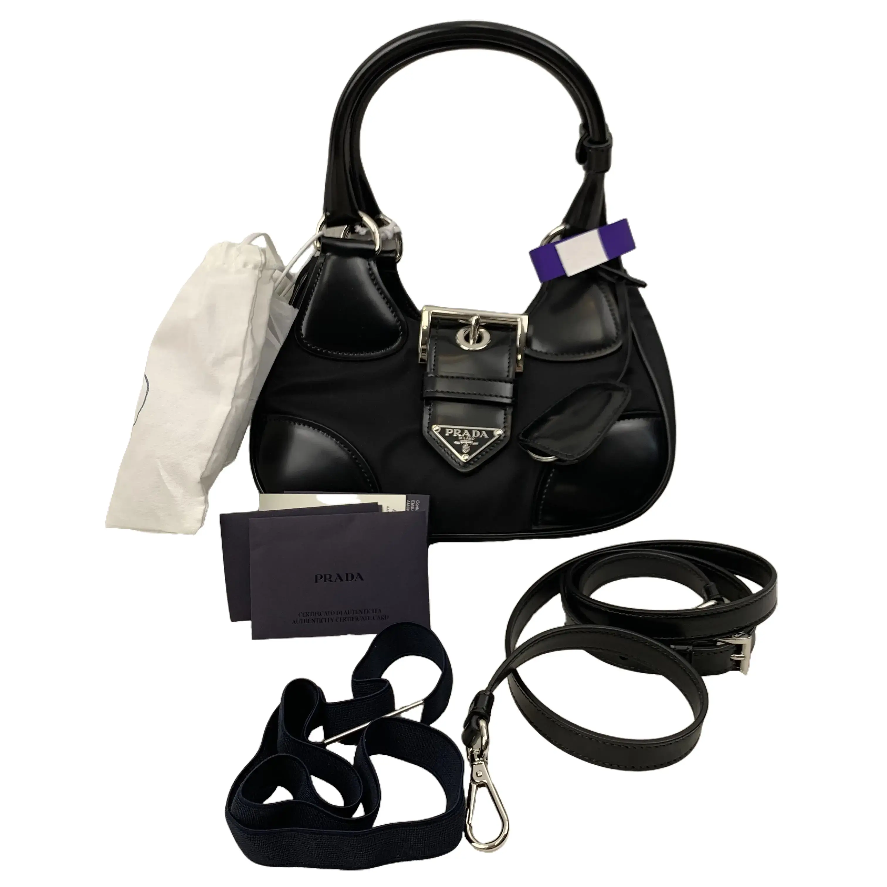 Pre-owned PRADA Black Re Nylon & Leather Mini Moon Shoulder Crossbody Bag, 3 Interchangeable Straps, Retro Style, Full Set with Dust Bag, Silver Accents, TKB00000263