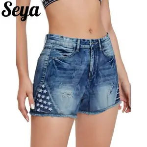 Seya Women's Denim Star Striped Embroidery Jean Summer Frayed Raw Hem Ripped Tassels Sexy Short Pants Jeans Piece Shorts Ripped Distressed 4th of July Bodycon Navy Blue Soft Stretchy Fabric Summer Casual Raw Hem Skinny Jorts
