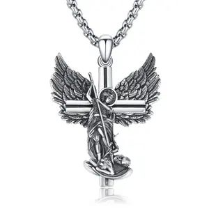 S925 Sterling Silver Archangel Michael Cross Pendant Necklace Unisex Religious Gift Essential