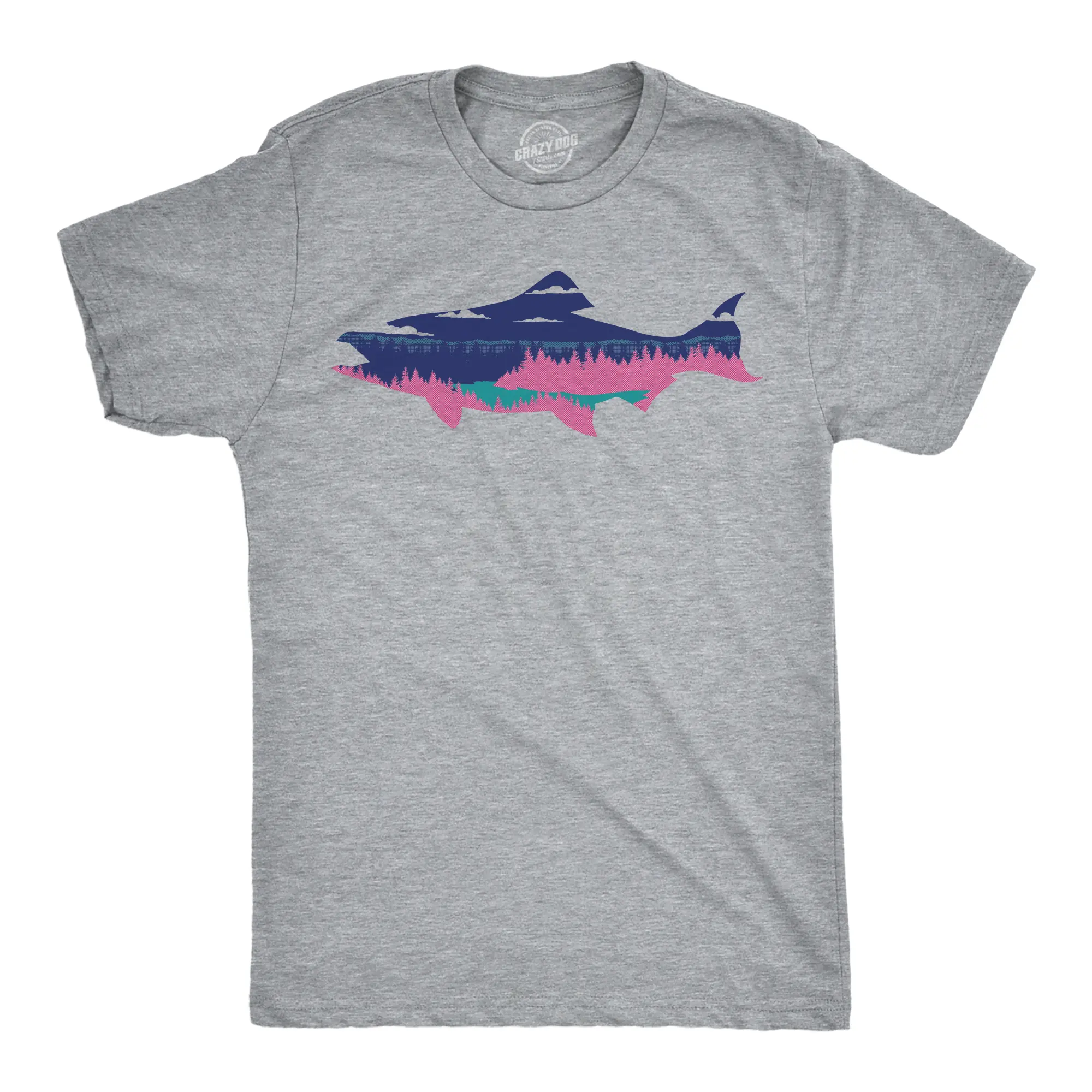 Mens Salmon Landscape Funny T Shirt Awesome Nature Lovers Graphic Tee for Men Mens Funny T Shirts Cool Vintage Fashion T-Shirt Gift Classic Menswear Funny Fishing Short Sleeve Novelty Tees for Guys Light Grey