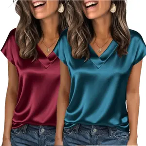 EncoLax 2Pack Women Silk Satin Tops Cap Short Sleeve Blouse V Neck Shirts Business Casual Outfits S-2XL