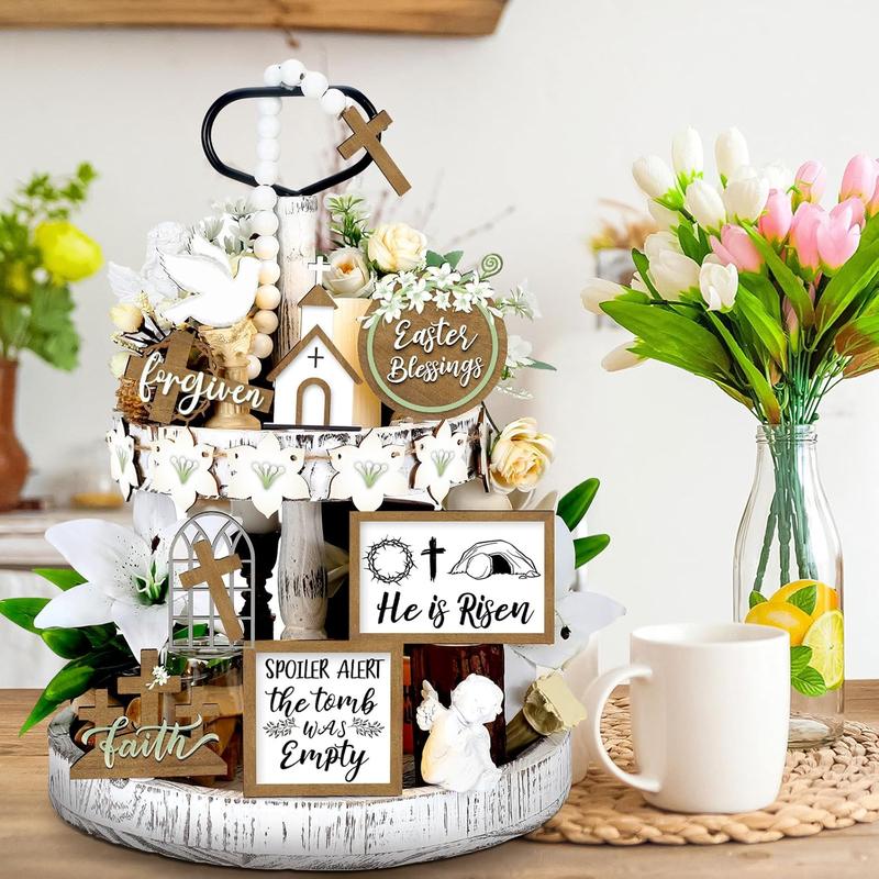 Easter Tiered Tray Decor Wooden Signs Set (No Tray), Rustic Bunny Egg Carrot Jesus Cross Risen Ornaments Cute Durable Layered Tray Signs for Mantel Shelf Table Kitchen Display, Spring Home Easter Decor Christian Family Religious Party Gifts, Date Suppiles